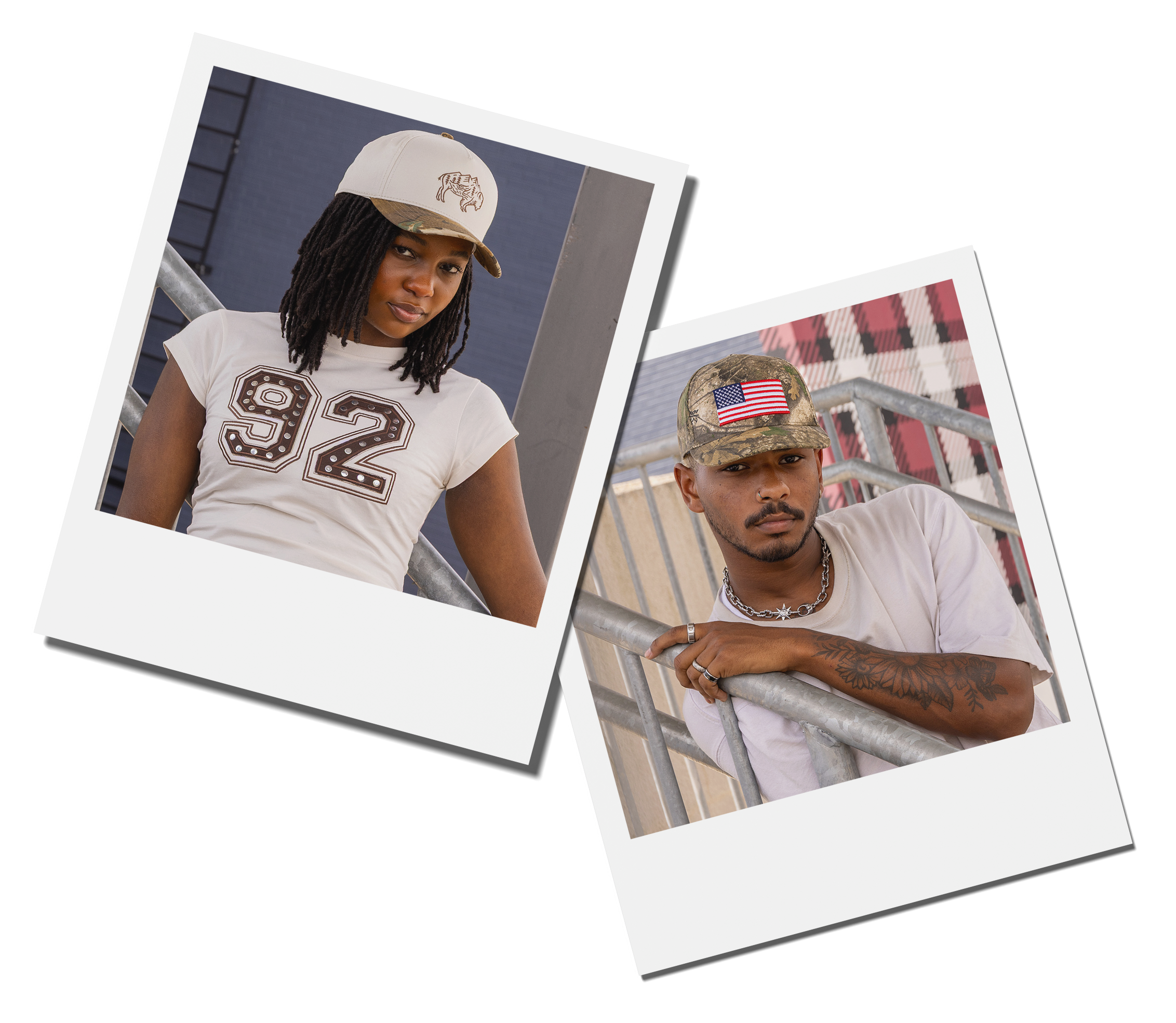 man and woman in camo caps
